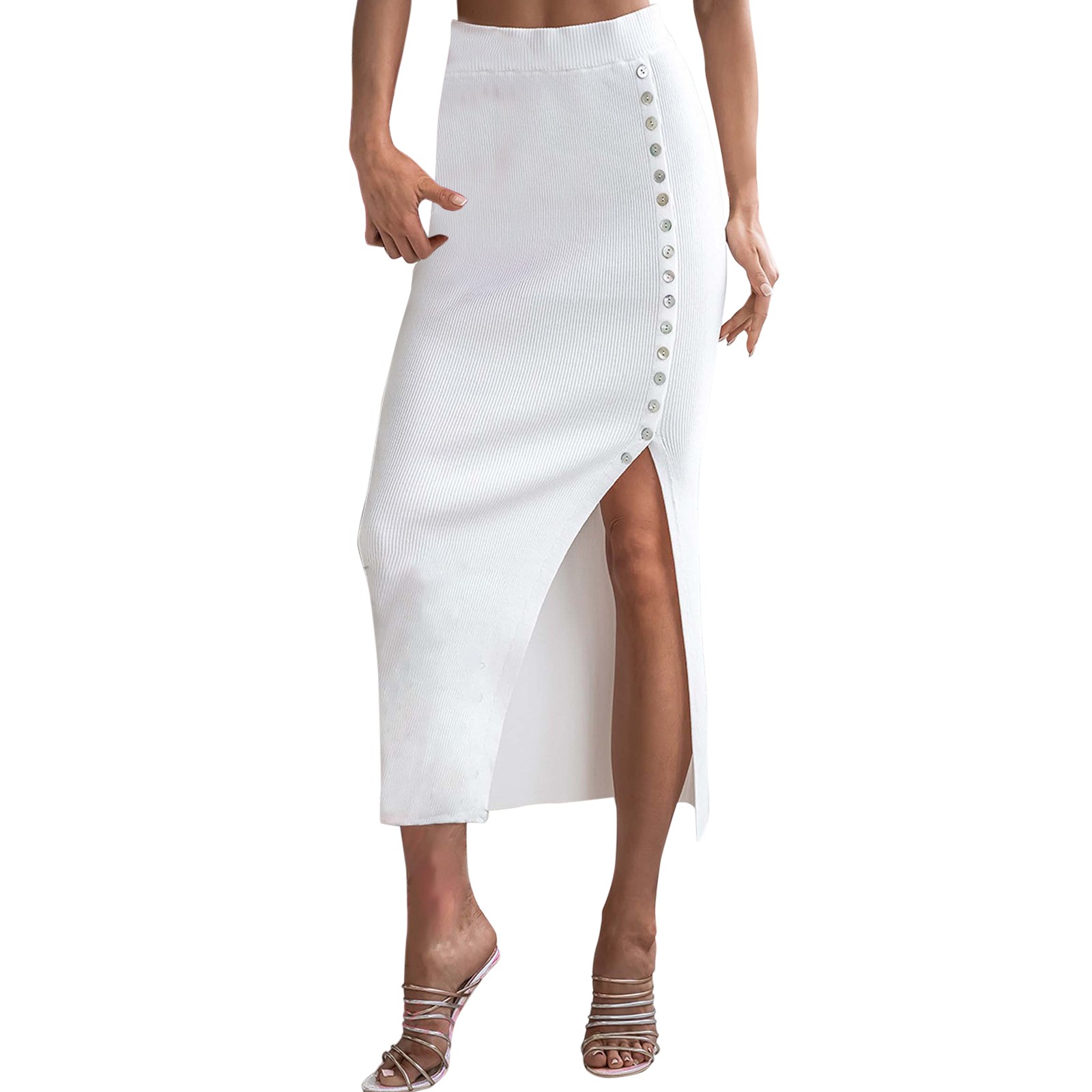 thumbnail image 1 of Falda midi elegante de corte lápiz con ribete de lechuga y cintura alta, poliéster, informal de verano, 1 of 8